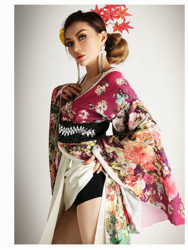 豪華和華柄バイカラーシフォン花魁風着物衣装【ダンス衣装通販bombshell/ボムシェル】