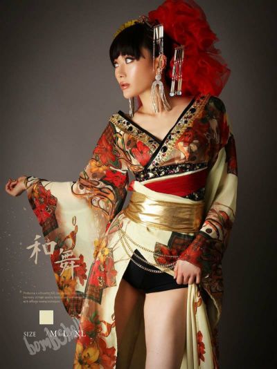 アンティークモダン百合柄ビジューシフォン振袖風着物衣装 ダンス衣装【bombshell】(M/L/XL)(イエロー)