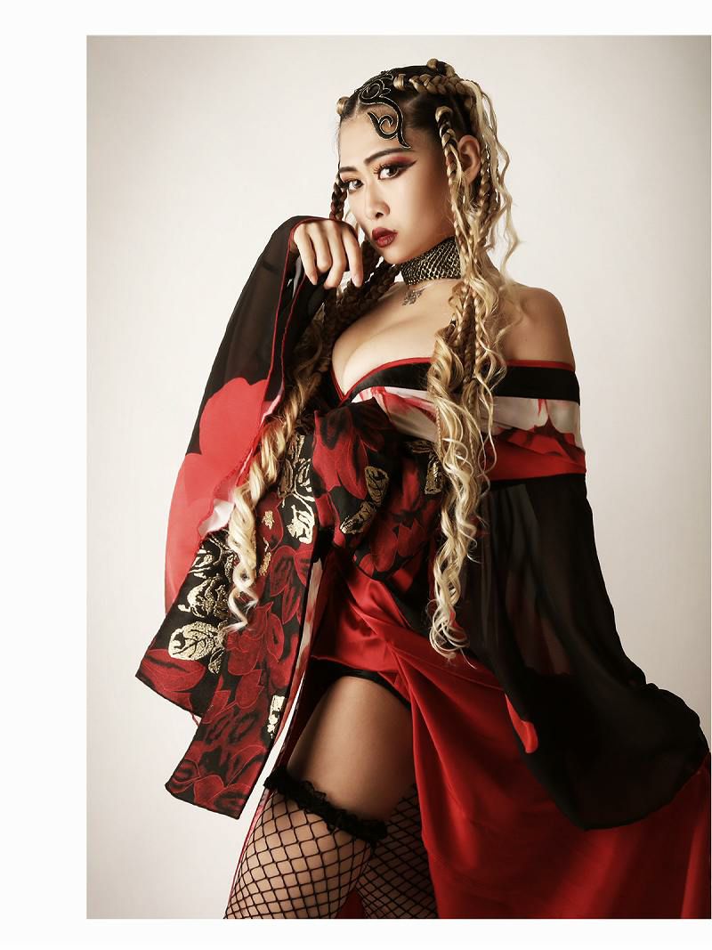 本格盛り帯！豪華大判妖艶花柄シフォングラデ和装着物衣装【ダンス衣装通販bombshell/ボムシェル】
