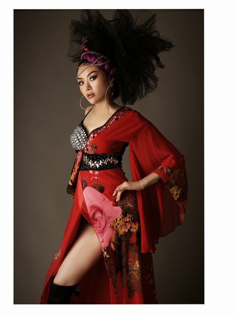 振袖風花柄ビジュービビッドレッドシフォン花魁着物衣装【ダンス衣装通販bombshell/ボムシェル】