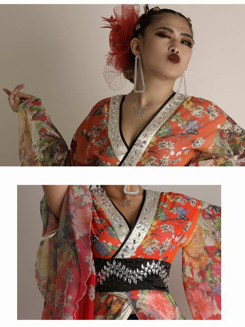 花魁遊女風モダン和華柄グラデビジューシフォン着物衣装【ダンス衣装通販bombshell/ボムシェル】
