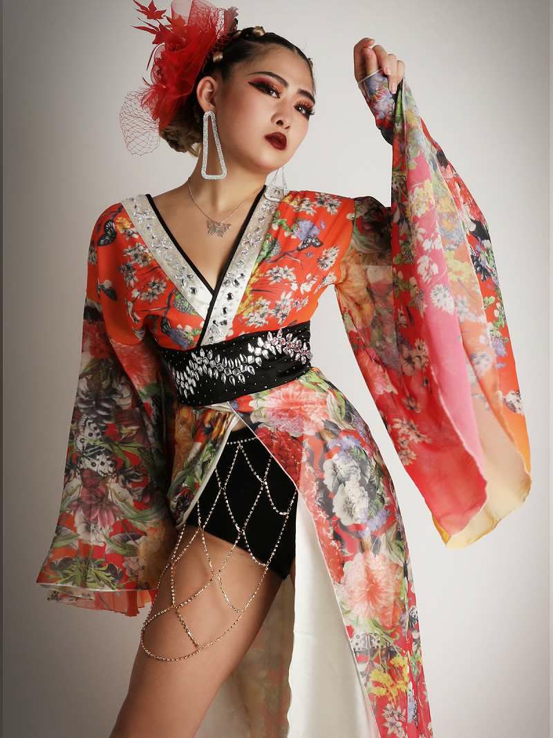 花魁遊女風モダン和華柄グラデビジューシフォン着物衣装【ダンス衣装通販bombshell/ボムシェル】