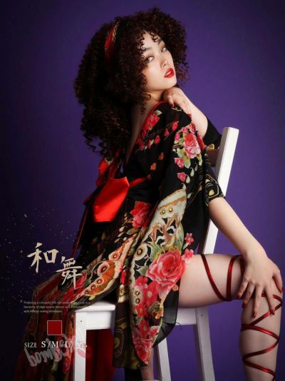 ※予約販売※妖艶花柄バタフライバイカラーシフォン花魁風着物衣装 ダンス衣装【bombshell】(S/M/L/XL)(レッド(6月中旬))