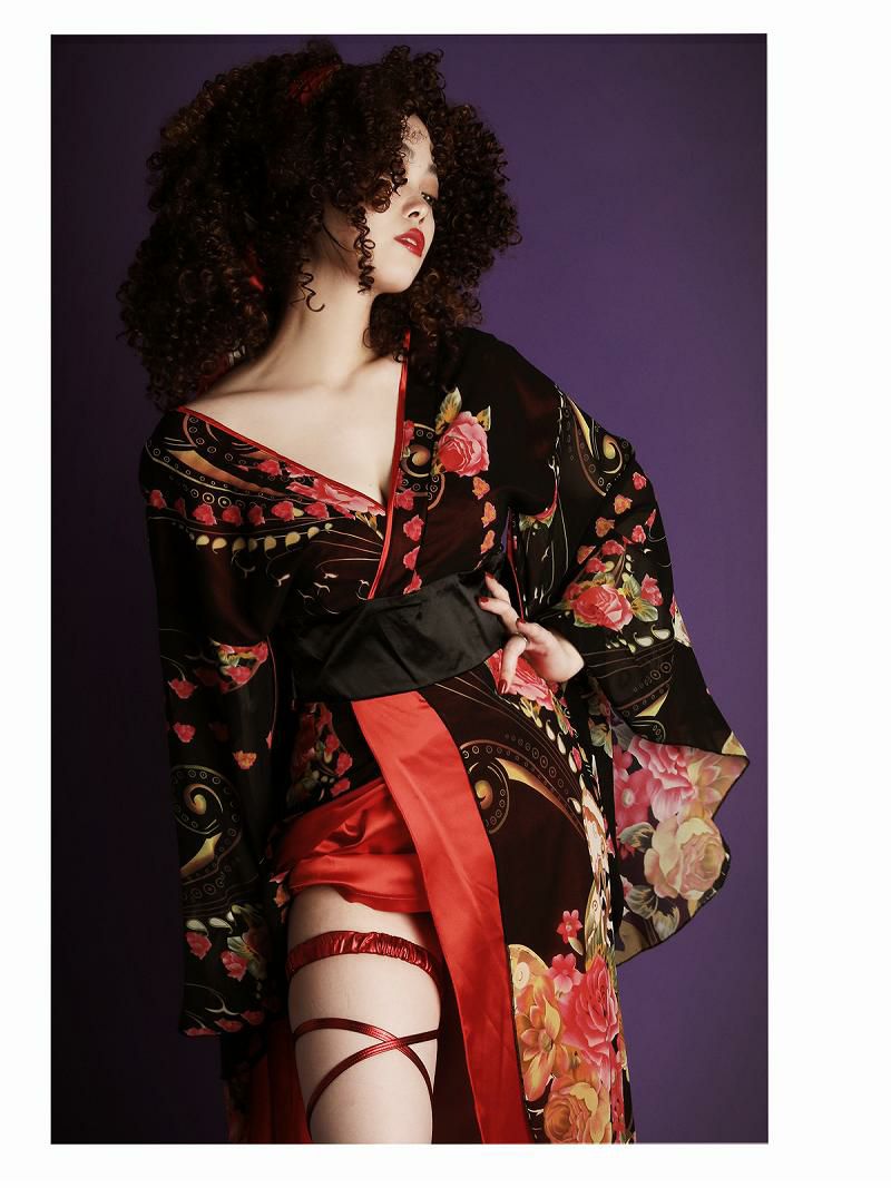 妖艶花柄バタフライバイカラーシフォン花魁風着物衣装