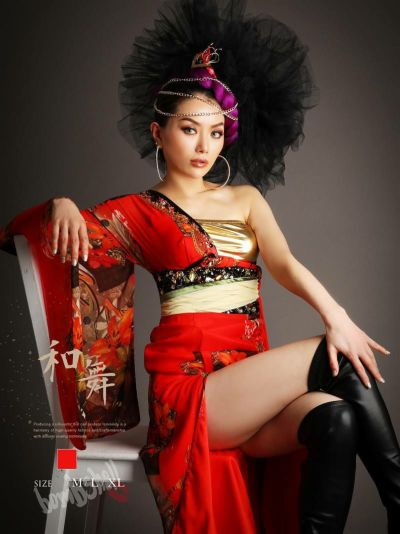 振袖風百合花柄レッドビジューシフォン花魁着物衣装 ダンス衣装【bombshell】(M/L/XL)(レッド)