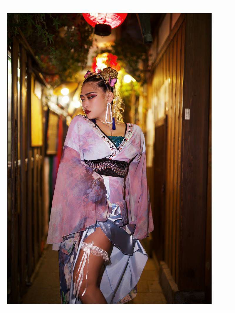 花魁風シフォングラデぼかしフワラーブーケ和柄着物衣装【ダンス衣装通販bombshell/ボムシェル】