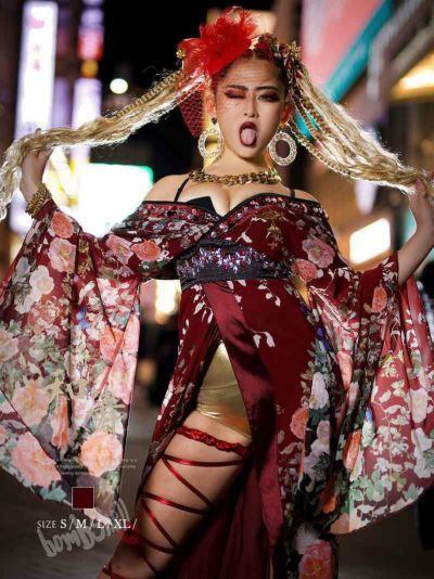 華和柄グラデローズワインレッドシフォン花魁風着物衣装 ダンス衣装【bombshell】(S/M/L/XL)(ワイン)