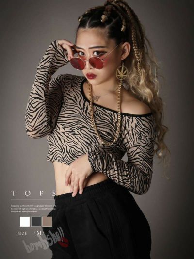 【メール便対応】SPICY＆SEXY!￥お腹出しアニマル柄長袖ショート丈トップス【ダンス衣装通販bombshell/ボムシェル】(M)(ホワイト/ベージュ/グレー)