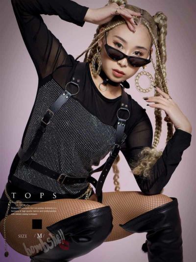 ド派手！ラインストーン長袖シアーメッシュトップス ダンス衣装【bombshell】(M)(ブラック)