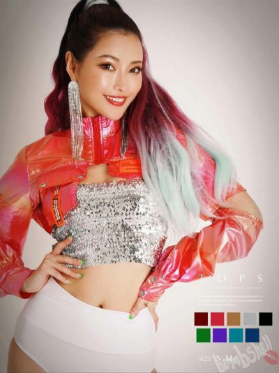 全9色!￥ギラギラ総スパンコールへそ出しショート丈ベアトップ ダンス衣装韓国 kpop衣装 韓国ファッション  ダンス衣装【bombshell】(フリーサイズ)(ブラック/グリーン/パープル/レッド/ブルー/ゴールド/シルバー/ピ