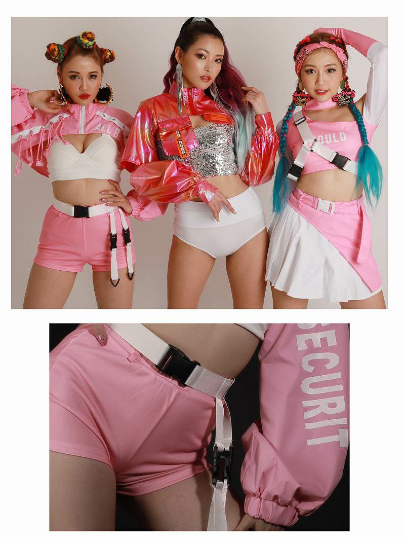 バックルベルト付きピンクハイネックショート丈ジャケットトップスセットアップ3点セット【ダンス衣装通販bombshell/ボムシェル】