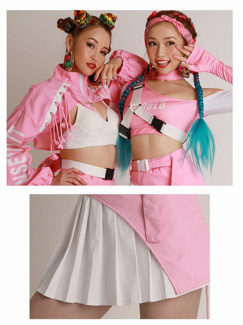 ハーネスベルト付きへそ出しワンショルカットアウトトップス×プリーツスカートセットアップ4点セット【ダンス衣装通販bombshell/ボムシェル】