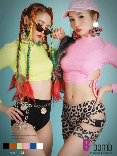 全6色！ショート丈サイドシャーリングリブニットハイネック長袖カットソー ダンス衣装韓国 kpop衣装 韓国ファッション  ストリート系【B/bomb】(M)(イエロー/ホワイト/ブルー/ピンク/オレンジ/ブラック)