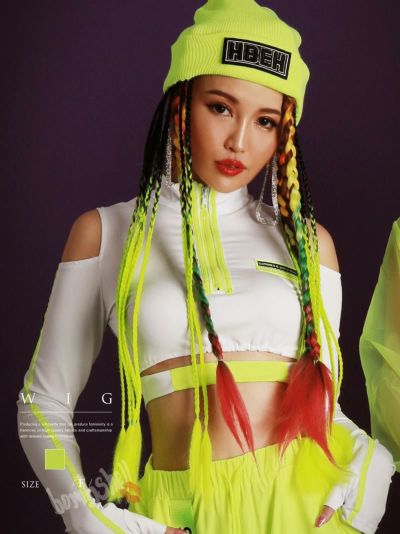 【メール便対応】ネオンカラーコーンロウヘアエクステ付きニット帽子 ダンス衣装韓国 kpop衣装 韓国ファッション 【ダンス衣装通販bombshell/ボムシェル】(フリーサイズ)(イエロー)
