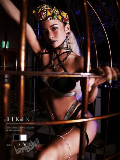 ラメゴールドバイカラークロスラインモノトーンビキニ衣装セットアップ【ダンス衣装通販bombshell/ボムシェル】(S/M)(ブラック/ホワイト)