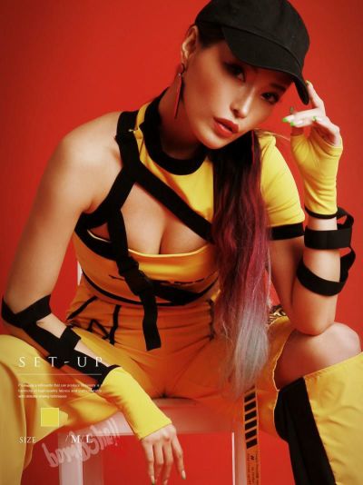 ハーネスベルト付きお腹出しワンショルトップス×バックルテープロングパンツセットアップ3点セット ダンス衣装韓国 kpop衣装 韓国ファッション  ダンス衣装【bombshell】(M/L)(イエロー)