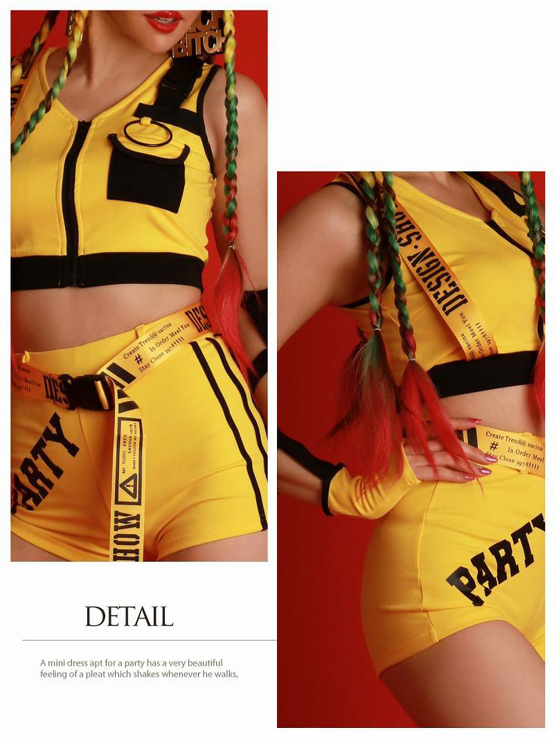 4点セット！オープンジップノースリーブトップス×ロングバックルテープベルト付きショートパンツセットアップ【ダンス衣装通販bombshell/ボムシェル】