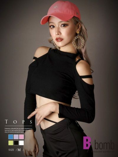 ショート丈韓国風カットアウト長袖リブカットソー ストリート系【B/bomb】(M)(ホワイト/パープル/ブラック/イエロー/ピンク/ブルー)