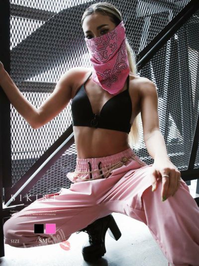 ジッパー付き！ネオンカラービキニ衣装2点セット【ダンス衣装通販bombshell/ボムシェル】(S-M)(ピンク/ブラック)