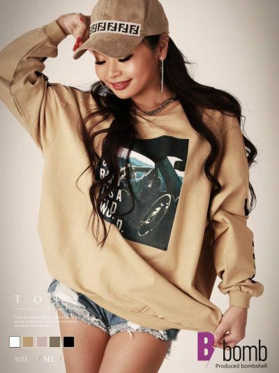 SALE￥1408→￥1267！ ゆるダボ転写プリントスウェットトレーナー!￥【ダンス衣装通販bombshell/ボムシェル】(M-L)(ブラック/カーキ/キャメル/ピンクベージュ/オートミール)