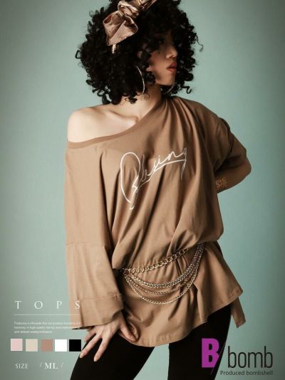 【SALE!￥1188→￥1069】ビッグプリント入り七分袖Tシャツ ストリート系【B/bomb】(M-L)(グレーベージュ/ホワイト/ウォームトープ/ピンクベージュ/ブラック)