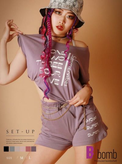 くすみカラー半袖セットアップ【ダンス衣装通販bombshell/ボムシェル】(M/L)(ブラック/グレー/ダークピンク/パープル/ピンクベージュ/グレーベージュ)
