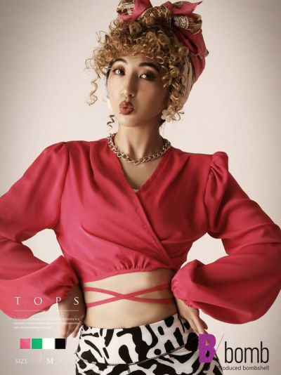 ヘソ出しセクシーショート丈長袖シャツ ストリート系【B/bomb】(M)(チェリーピンク/ホワイト/グリーン/ブラック)