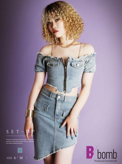 セクシーデニム半袖セットアップ【ダンス衣装通販bombshell/ボムシェル】(S/M)(ブルー)