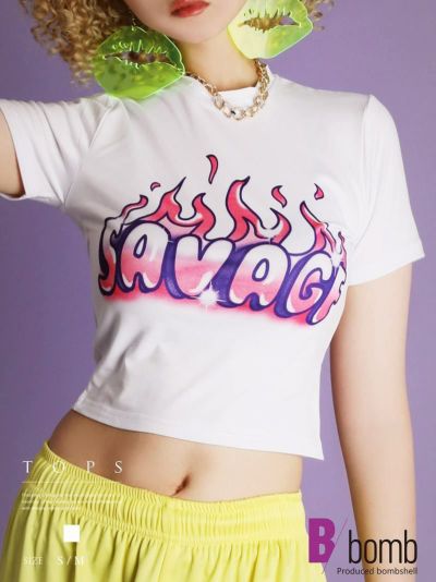 ミニ丈ロゴ半袖Tシャツ ストリート系【B/bomb】(S/M)(ホワイト)