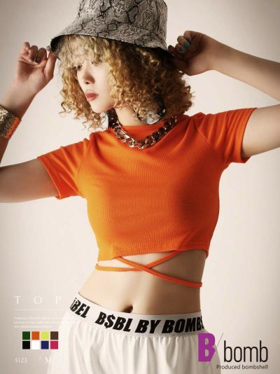 ウエストクロス半袖ショートバックリボンカットソー ストリート系【B/bomb】(M)(ブルー/チェリーピンク/オレンジ/モカ/グリーン/イエロー/ブラック/ホワイト)