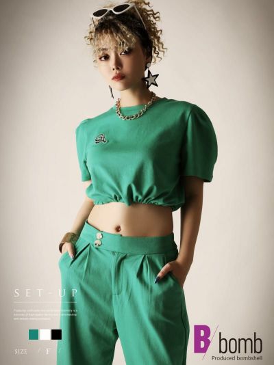 【SALE!￥4378→￥2626】ワンカラー半袖シンプルセットアップ ストリート系【B/bomb】(F)(ブラック/グリーン/ホワイト)