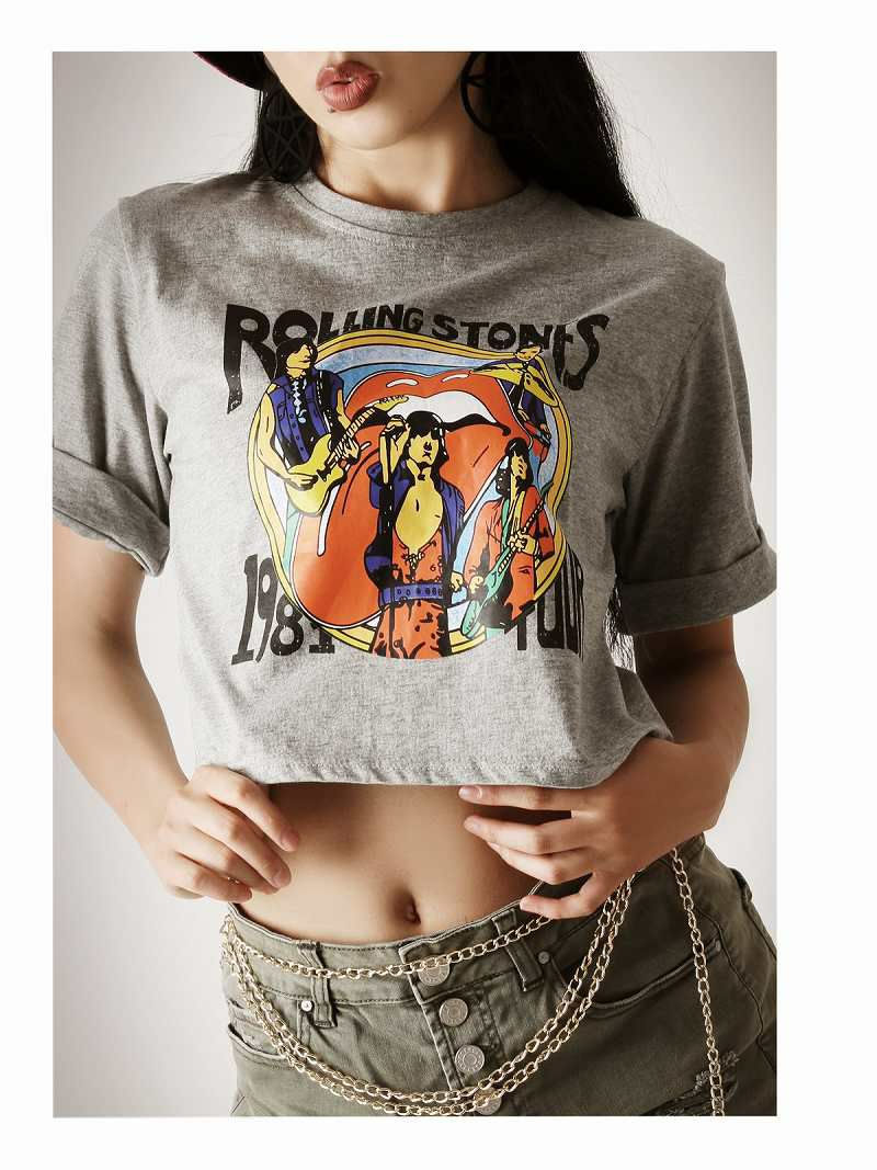 派手プリントへそ出し半袖ショート丈Tシャツ