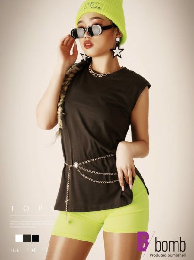 SALE￥1188→￥594！ サイドスリット入りシンプルノースリーブカットソー ストリート系【B/bomb】(M/L)(ブラック/ホワイト/グレー)