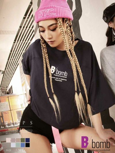オリジナルB/bombロゴ入りロング丈半袖オーバーサイズTシャツ ストリート系【B/bomb】(M-L)(Bブラウン/ピンクベージュ/カーキ/ブラック/ウォームトープ/Lブルー/オートミール/グレー/ネイビー)