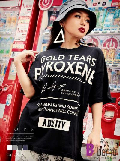 英字ロゴ半袖ロング丈ビッグTシャツ ストリート系【B/bomb】(M-L)(オフホワイト/ブラック/杢グレー/ネイビー/チャコールグレー)