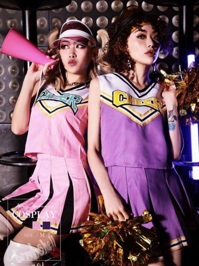 チアガールダンサーコスプレセットアップ ダンス衣装【bombshell】(M/L)(ピンク/パープル)
