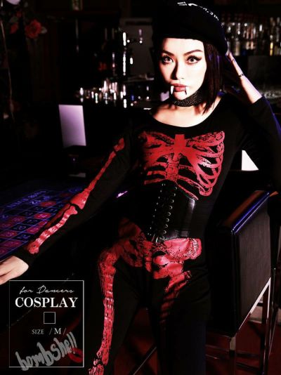 骸骨プリントボディスーツハロウィンコスプレ ダンス衣装【bombshell】(M)(ブラック)