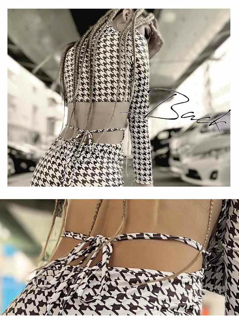 千鳥柄カットアウトsexy長袖ワンピース