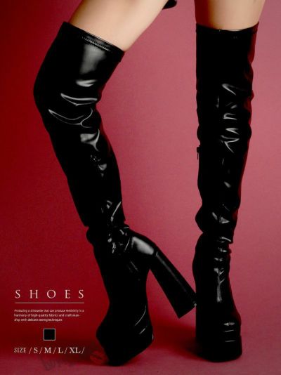 フェイクレザー厚底ハイヒール14.0cmロングブーツ ダンス衣装【bombshell】(S/M/L/XL)(ブラック)