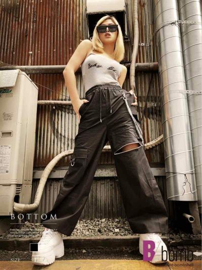 SALE￥2728→￥1364！ チェーン付きジッパービッグサイズロングボトムス ストリート系【B/bomb】(L)(ブラック)