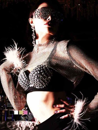 【メール便対応】派手ラインストーンメッシュファー付き長袖トップス【ダンス衣装通販bombshell/ボムシェル】(M)(ブラック/ゴールド/ピンク/ホワイト)