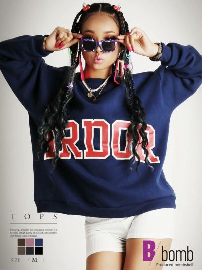 SALE￥1518→￥759！ ビッグロゴオーバーサイズ裏起毛長袖トレーナー ストリート系【B/bomb】(M)(ブラック/グレージュ/チャコールグレー/ブラウン/ピンク/ブルー)