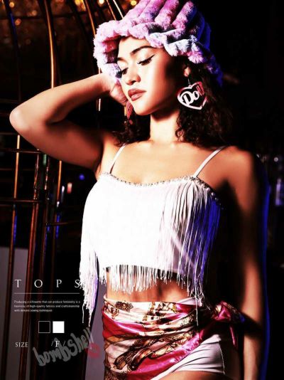 【SALE!￥1958→￥979】カップ付きパールビジューフリンジキャミソールトップス ダンス衣装【bombshell】(フリーサイズ)(ブラック/ホワイト)