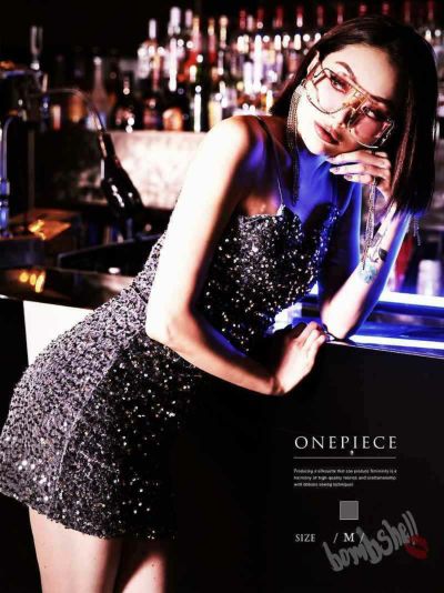 【SALE!￥2178→￥1089】キラキラスパンコールベロアシルバーミニワンピース ダンス衣装【bombshell】(M)(シルバー)