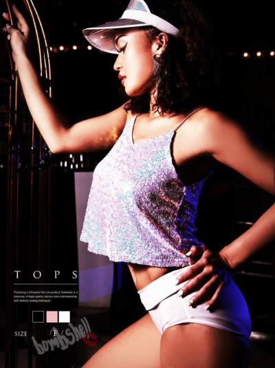 SALE￥1958→￥979！ スパンコールギラギラ映えキャミソール ダンス衣装【bombshell】(フリーサイズ)(ブラック/ホワイト/ピンク)