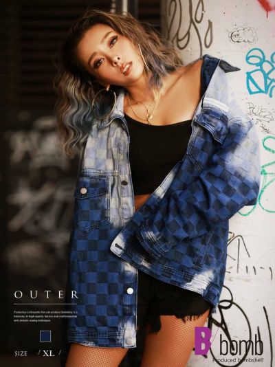 チェッカー柄グラデーションオーバーサイズデニムジャケット【ダンス衣装通販bombshell/ボムシェル】(XL)(ブルー)