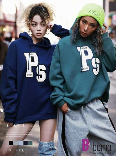 SALE￥1738→￥869！ オーバーサイズ裏起毛ロゴプリントフードパーカー ストリート系【B/bomb】(M-L)(ブラック/グレー/グリーン/ライトブルー/ブルー)
