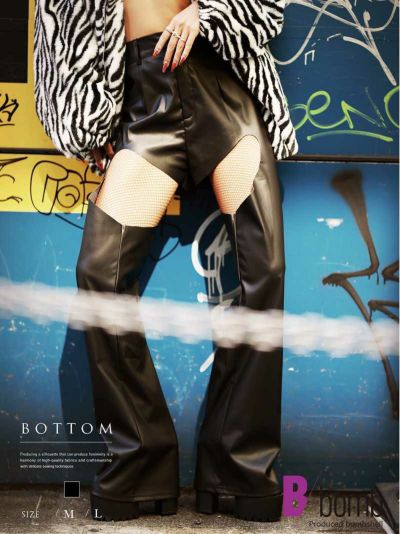 セクシーカットアウトフェイクレザーロングパンツ ストリート系【B/bomb】(M/L)(ブラック)