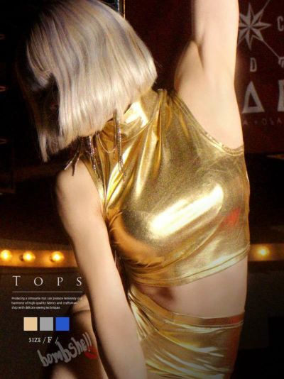 【メール便対応】ハイネックノースリーブメタリックショート丈タンクトップ【ダンス衣装通販bombshell/ボムシェル】(フリーサイズ)(ゴールド/シルバー/メタルブルー)
