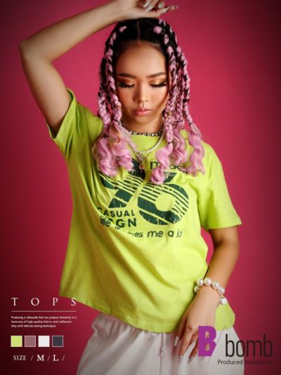 【メール便対応】スポーティーナンバープリント半袖Tシャツ【ダンス衣装通販bombshell/ボムシェル】(M/L)(インクブラック/オートミール/グリーン/ピンク)
